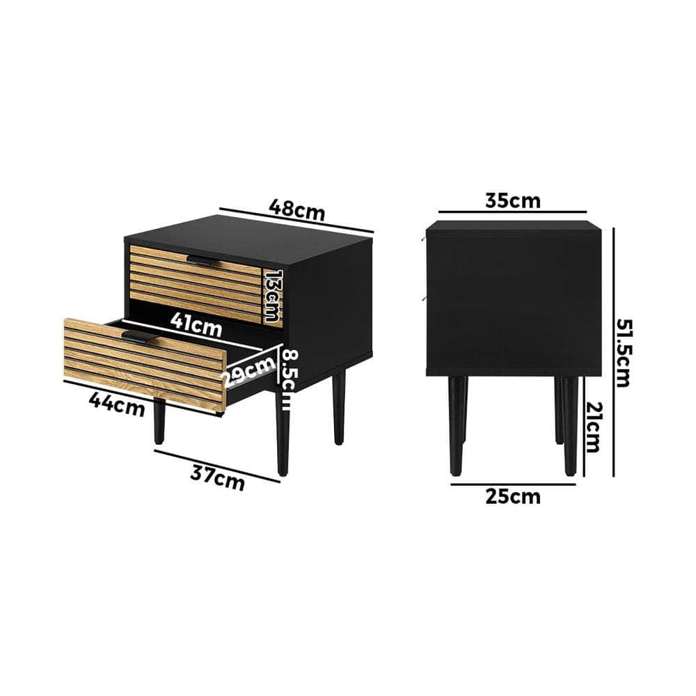 2PCS Bedside Table 2 Drawers Black&Wooden