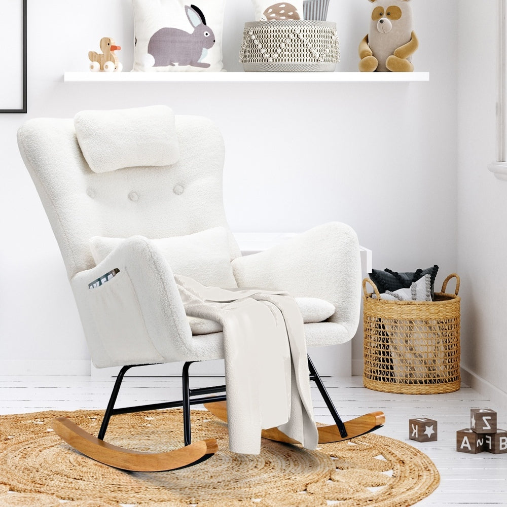 4x Rocking Chair Nursing Armchair Sherpa 2 Pillow White
