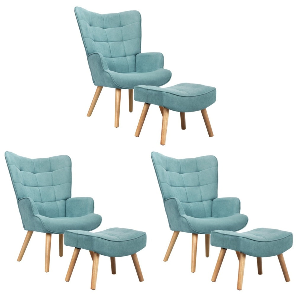 3x Armchair Lounge Chair Ottoman Fabric Sofa Blue