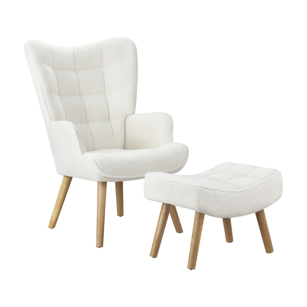 4x Armchair Lounge Chair Ottoman Sherpa Sofa White