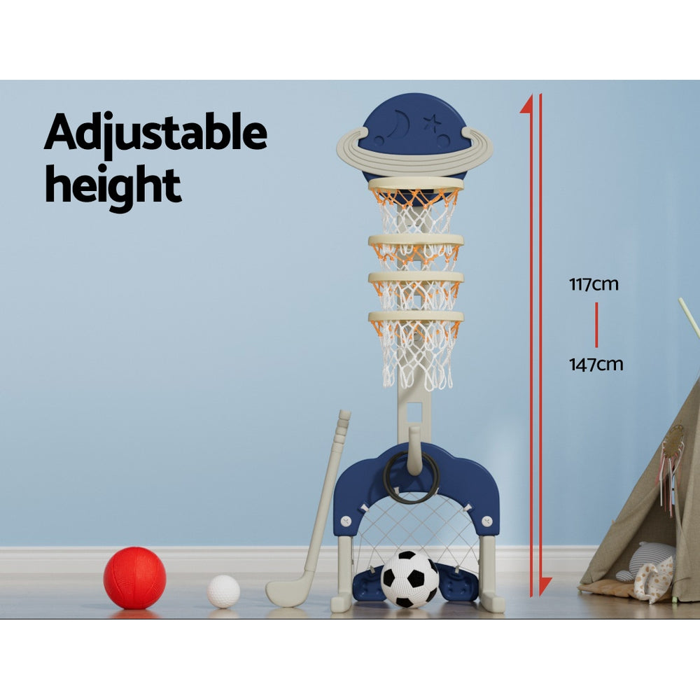 Keezi Kids Basketball Hoop Stand Adjustable 6-In-1 Sports Center Toys Set Blue