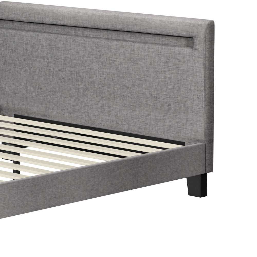 Bed Frame RGB LED Queen Size Mattress Base Platform Wooden Grey Fabric