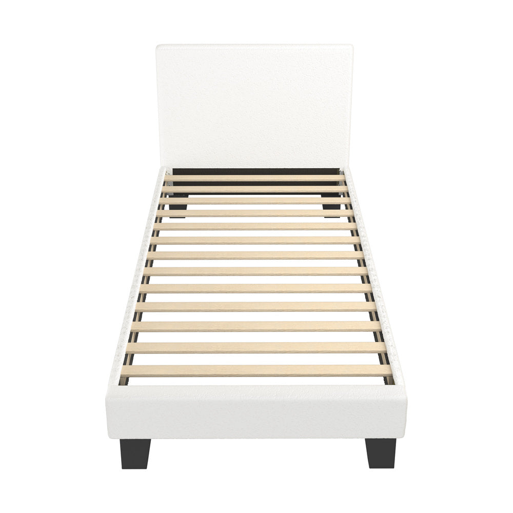 Single Bed Frame with Wooden Slats and Boucle Fabric Bed Base Mattress Platfrom White