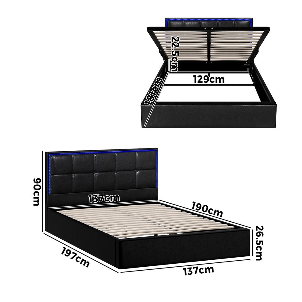 Bed Frame Double King & Single Size RGB LED Gas Lift Storage Base Leather
