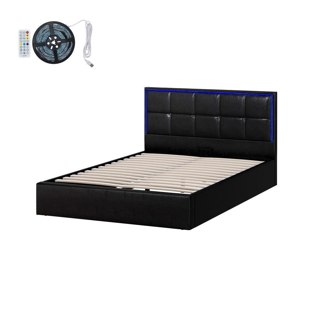 Bed Frame Double King & Single Size RGB LED Gas Lift Storage Base Leather