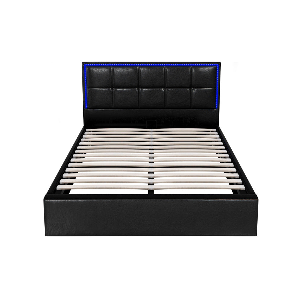 Bed Frame Double King & Single Size RGB LED Gas Lift Storage Base Leather