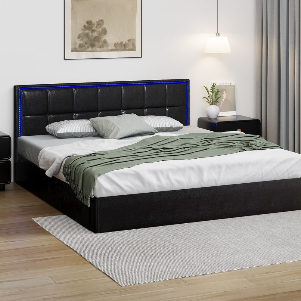 Bed Frame Double King & Single Size RGB LED Gas Lift Storage Base Leather