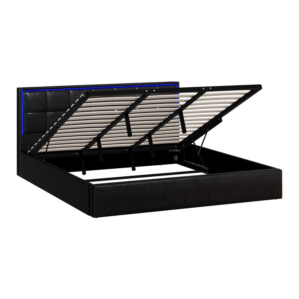 Bed Frame Double King & Single Size RGB LED Gas Lift Storage Base Leather