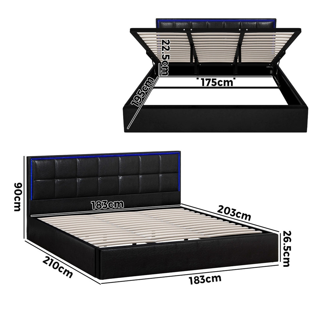 Bed Frame Double King & Single Size RGB LED Gas Lift Storage Base Leather
