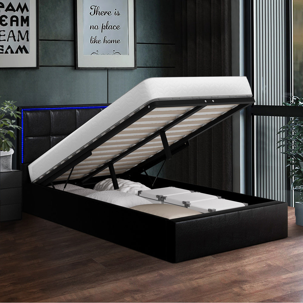 Bed Frame Double King & Single Size RGB LED Gas Lift Storage Base Leather