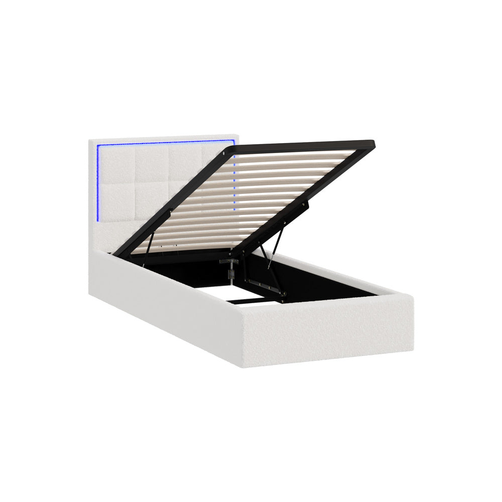 Bed Frame King Single & Double Size RGB LED Gas Lift Storage Base White Boucle