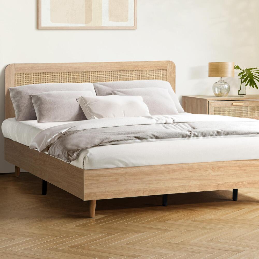 Bed Frame Wooden Bed Frame Rattan Headboard