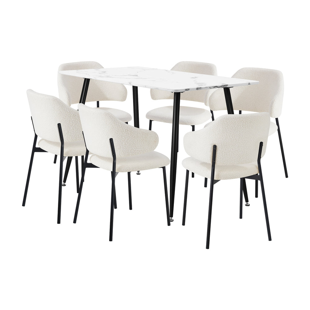 120cm Rectangle Dining Table Set with 6 Sherpa White & Grey Chairs for Dining