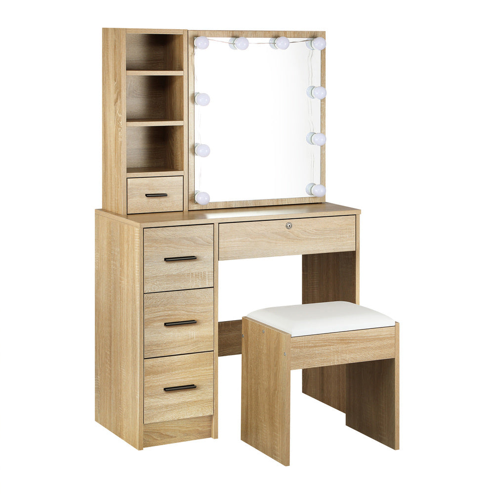 Dressing Table Stool Set Makeup Slide Mirror Drawer 10 LED Bulbs Wooden