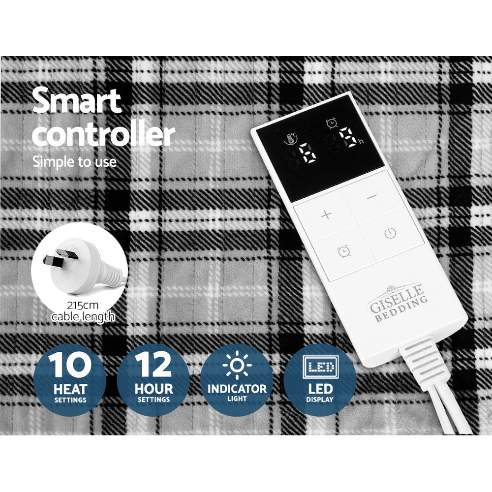 Electric Throw Rug Flannel Snuggle Blanket Washable Heated Grey & White