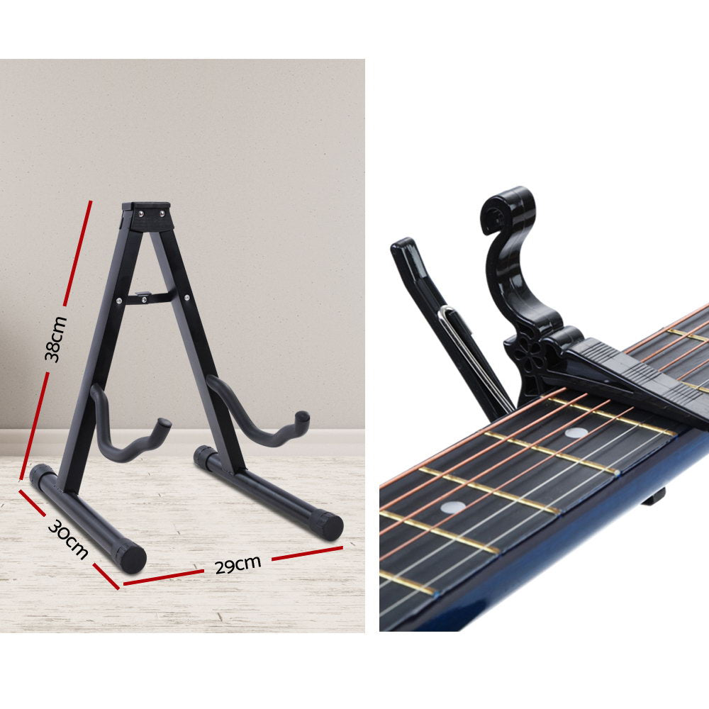 38 Inch Acoustic Guitar Wooden Body Steel String Full Size W/ Stand Blue