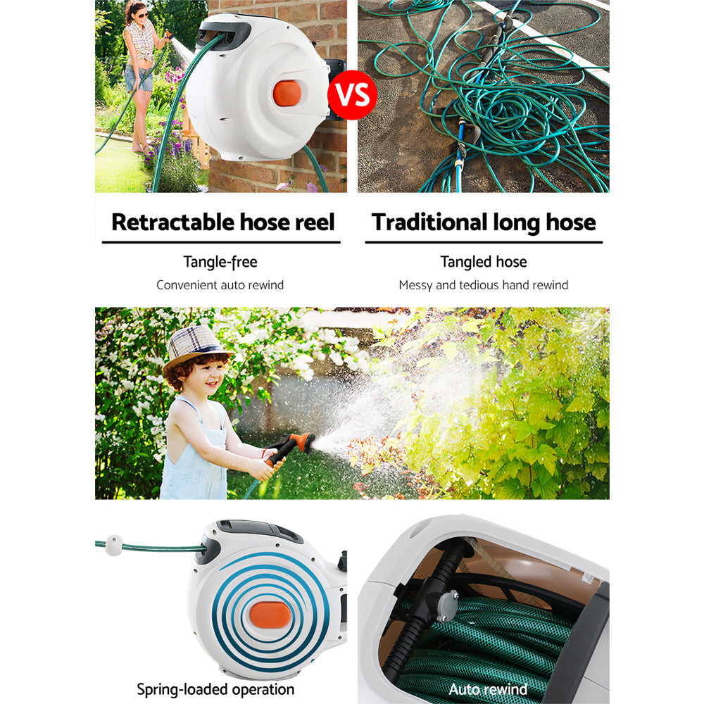 Water Hose Reel 20M Retractable Garden Spray Gun Auto Rewind