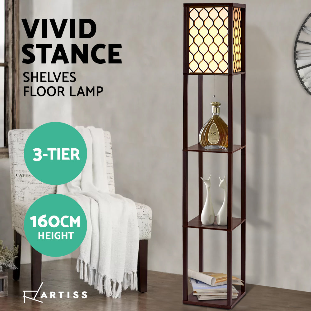 Floor Lamp 3 Tier Shelf Storage Led Light Stand Home Room Pattern Brown