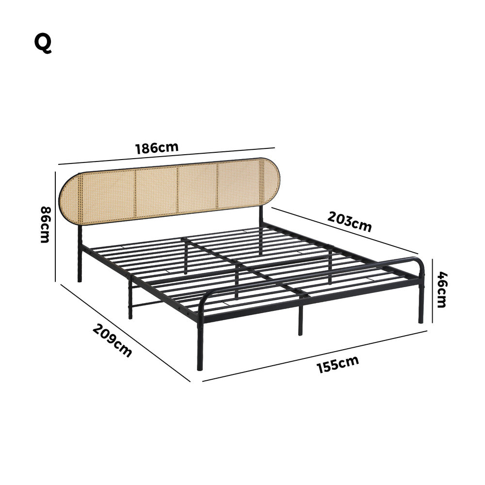 Bed Frame Metal Base Rattan Headboard