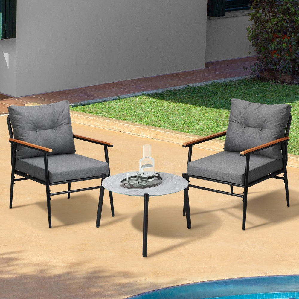 7 Piece Outdoor Patio Set 50cm Table Grey and Black Armchair