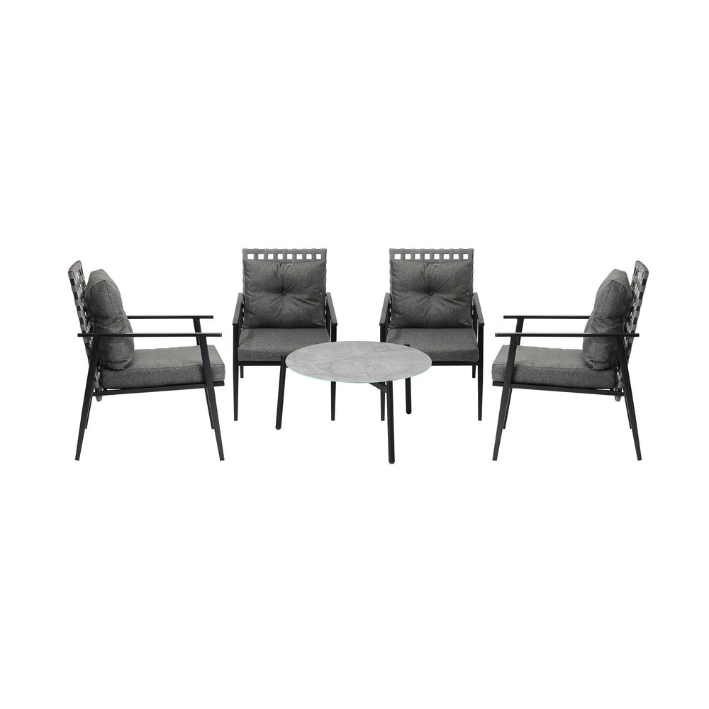 5pc Outdoor Patio Set 70CM Grey Marble Table Rattan Chairs