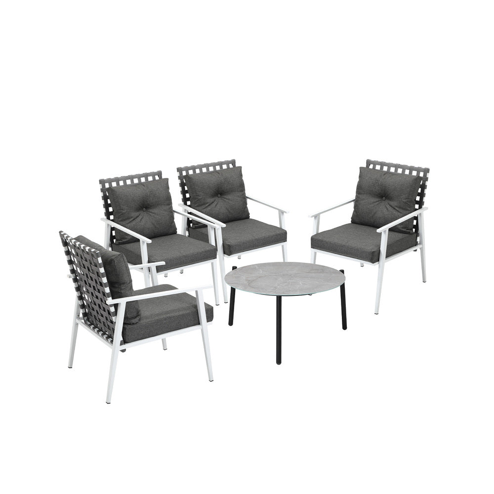 5pc Outdoor Patio Set 70CM Grey Marble Table Rattan Chairs
