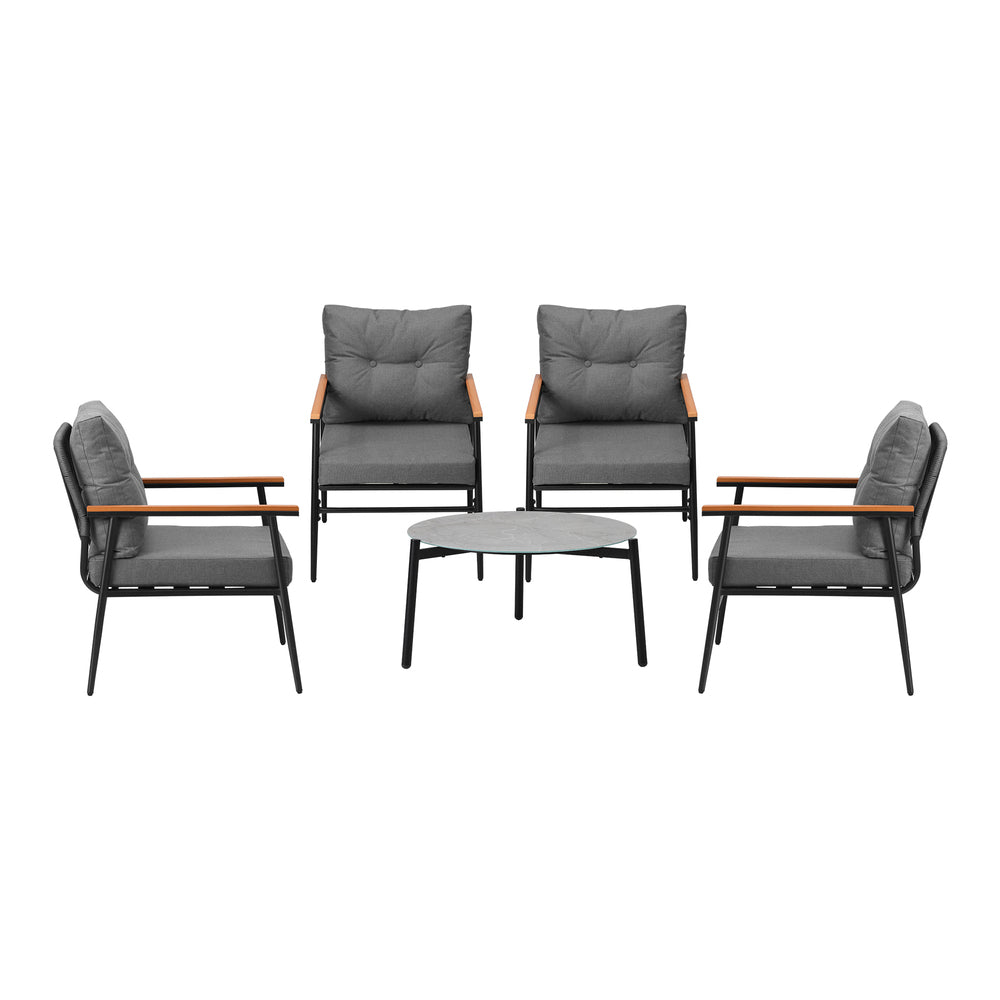 5pc Outdoor Patio Setting 70cm Table White Grey & Black Armchairs