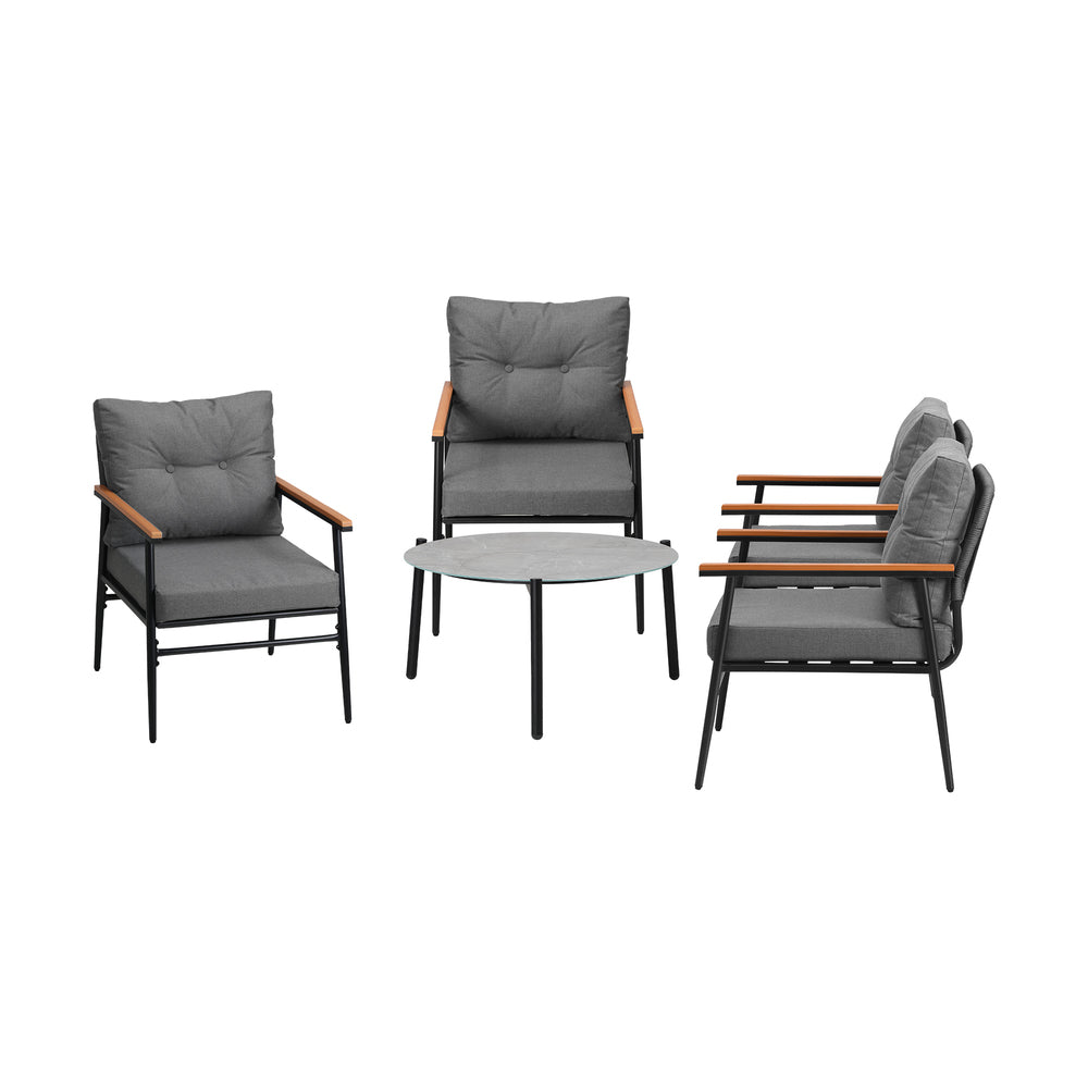 5pc Outdoor Patio Setting 70cm Table White Grey & Black Armchairs
