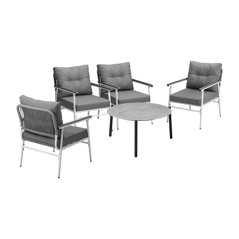 5pc Outdoor Patio Setting 70cm Table White Grey & Black Armchairs