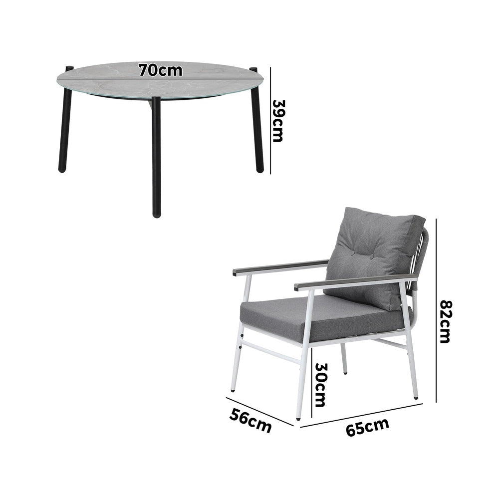 5pc Outdoor Patio Setting 70cm Table White Grey & Black Armchairs