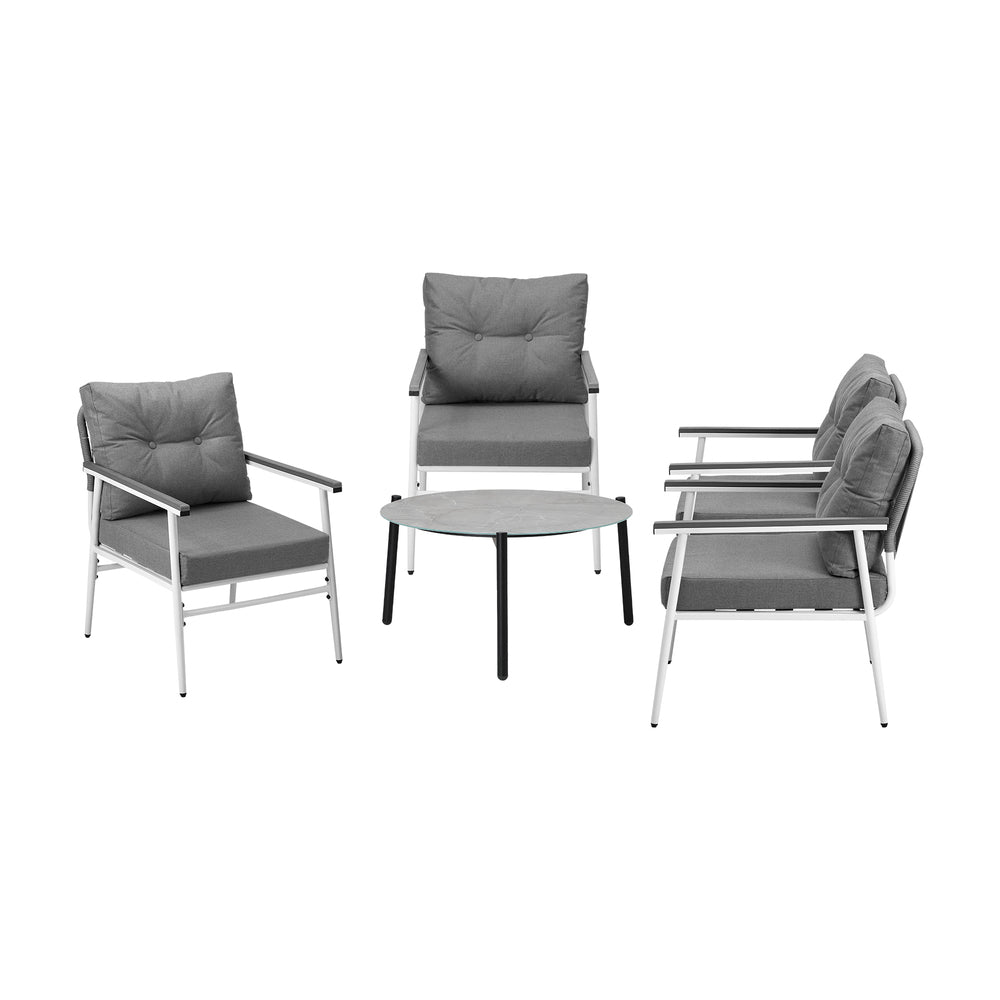 5pc Outdoor Patio Setting 70cm Table White Grey & Black Armchairs
