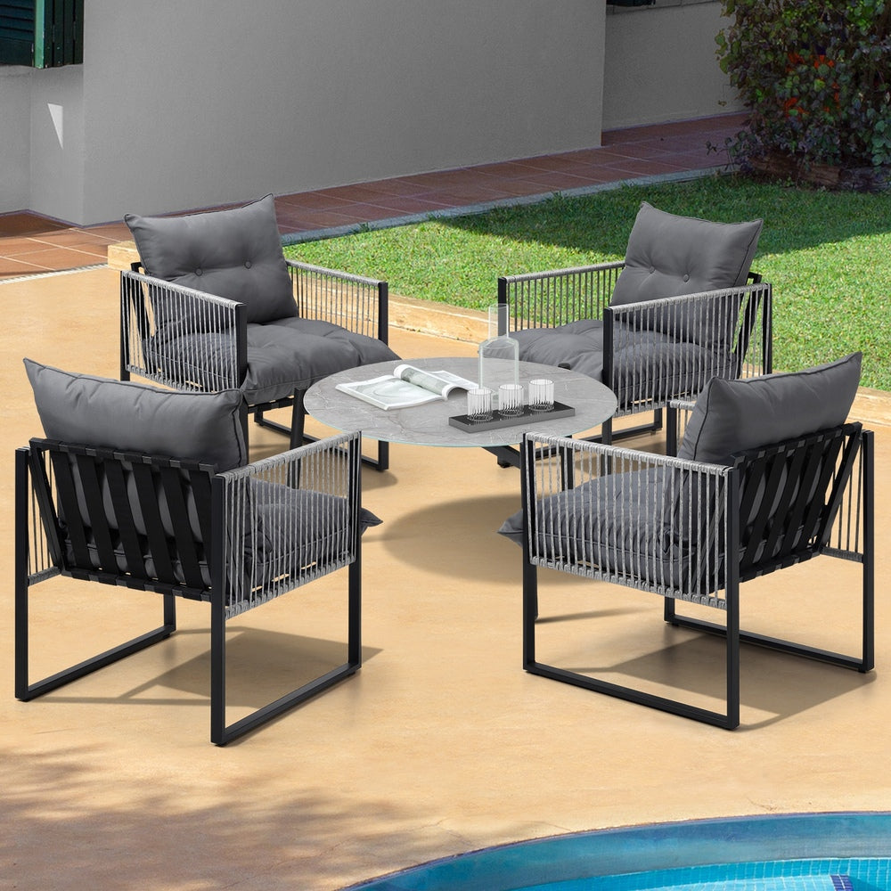 5PCS Outdoor Patio Set Grey & White 70cm Table Cushioned Armchairs
