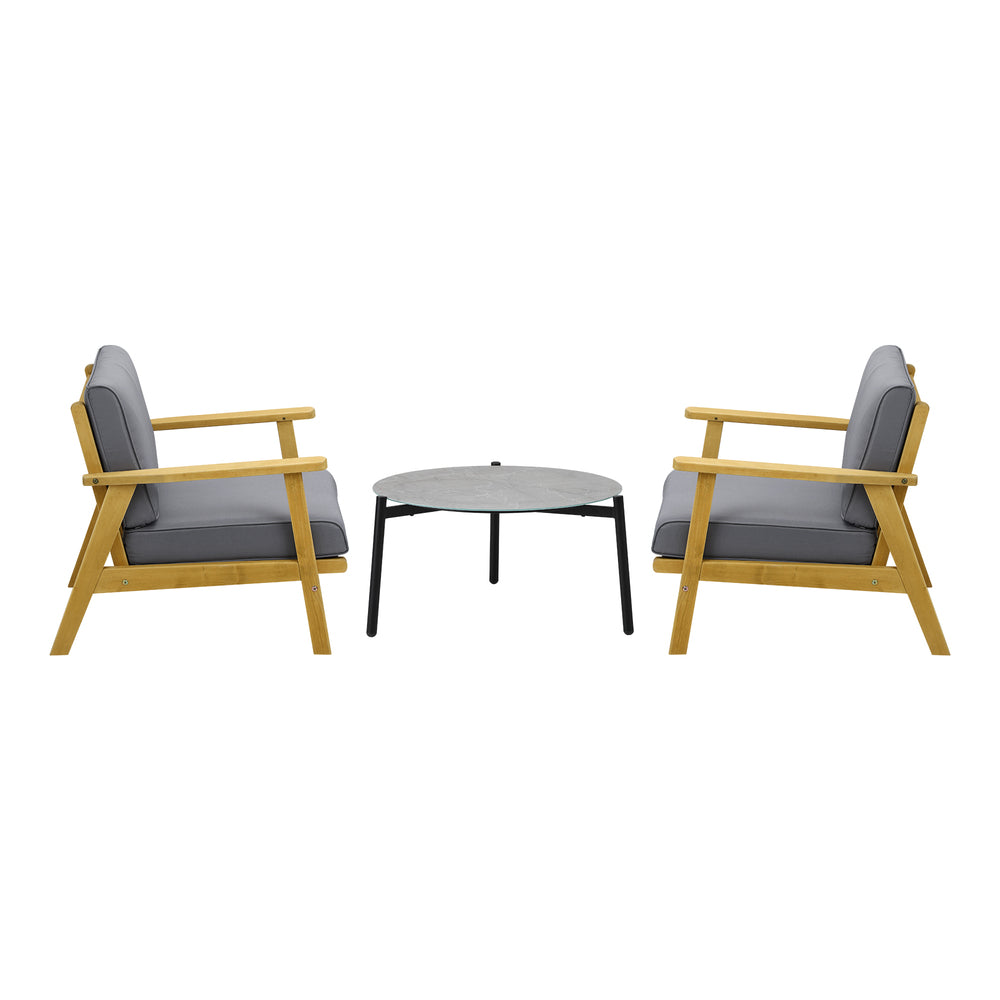 3PCS Outdoor Patio Set Grey & Black 70cm Coffee Table Rattan Chairs