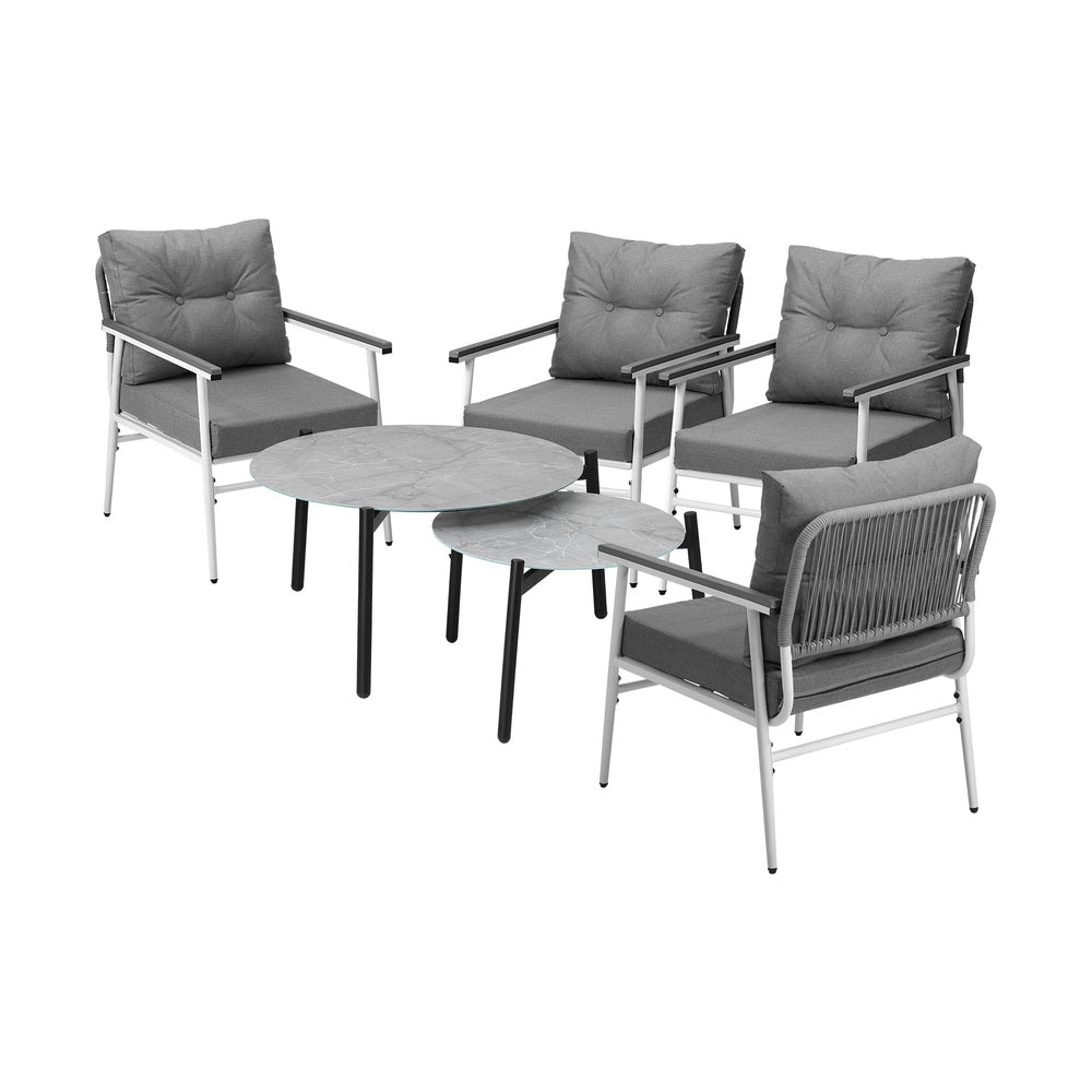 6PCS Outdoor Patio Set White Black & Grey Table Set with White Chairs