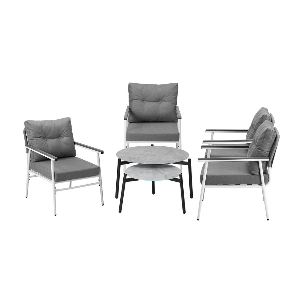 6PCS Outdoor Patio Set White Black & Grey Table Set with White Chairs