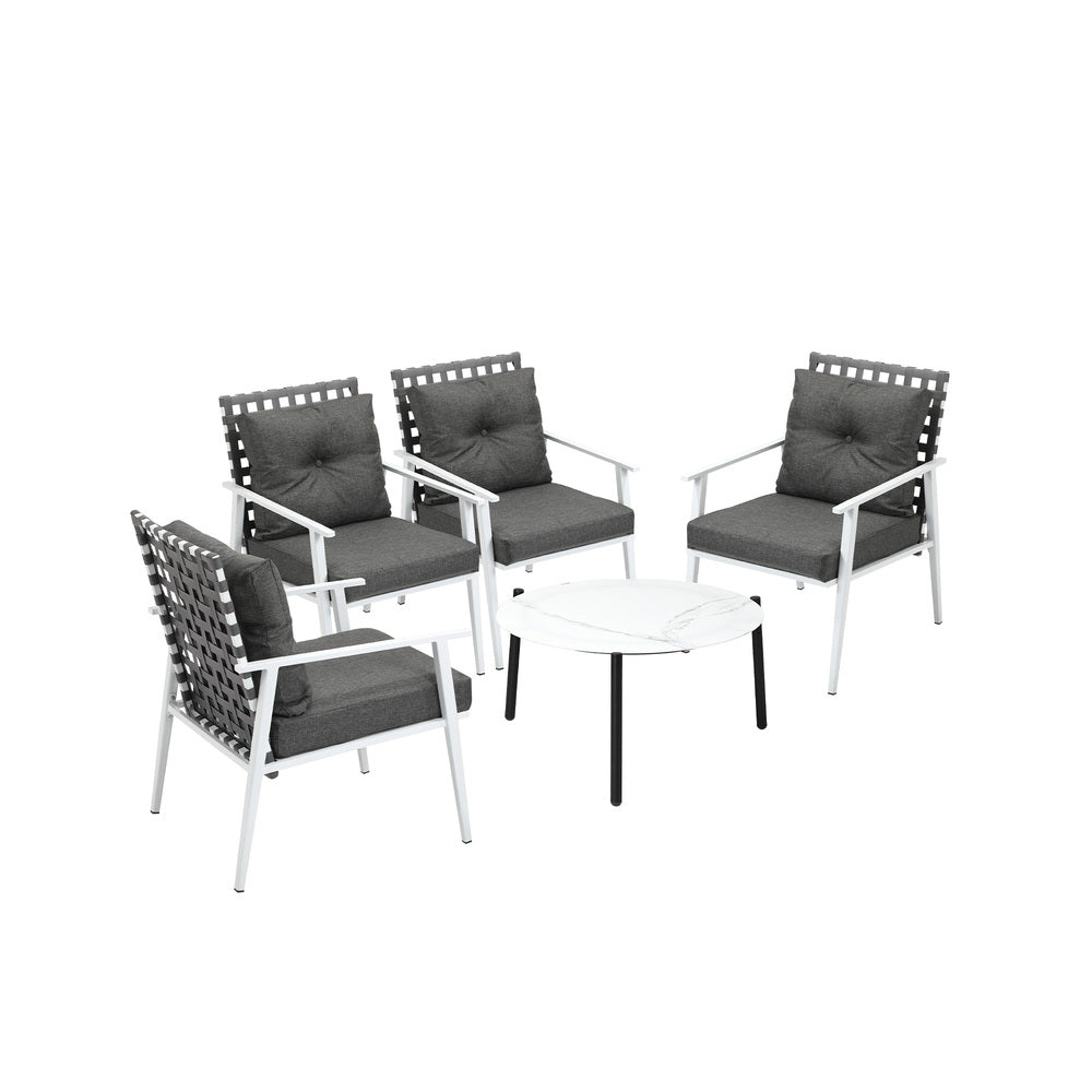 5pc Outdoor Patio Set 70CM Grey Marble Table Rattan Chairs