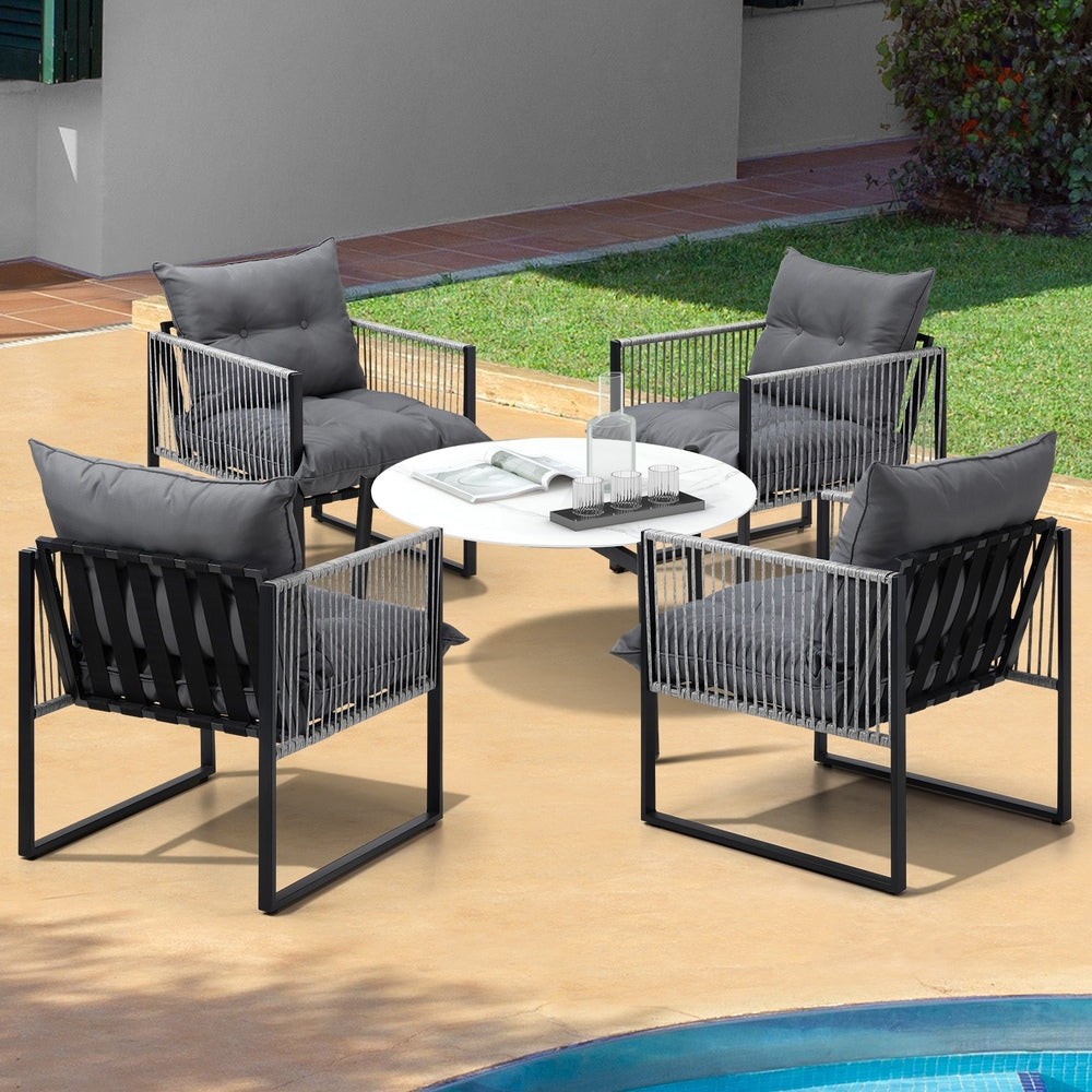 5PCS Outdoor Patio Set Grey & White 70cm Table Cushioned Armchairs