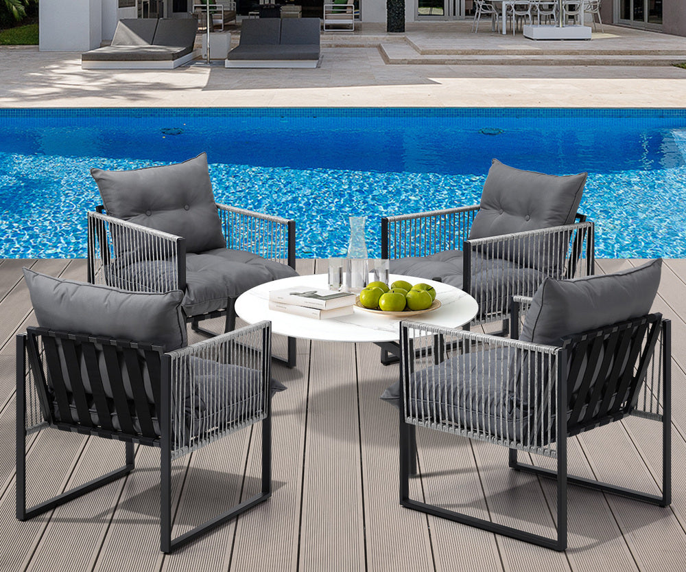 5PCS Outdoor Patio Set Grey & White 70cm Table Cushioned Armchairs
