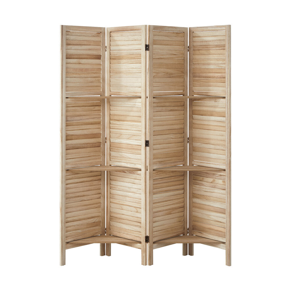 4 Panel Room Divider With Shelves Timber Wooden Natural