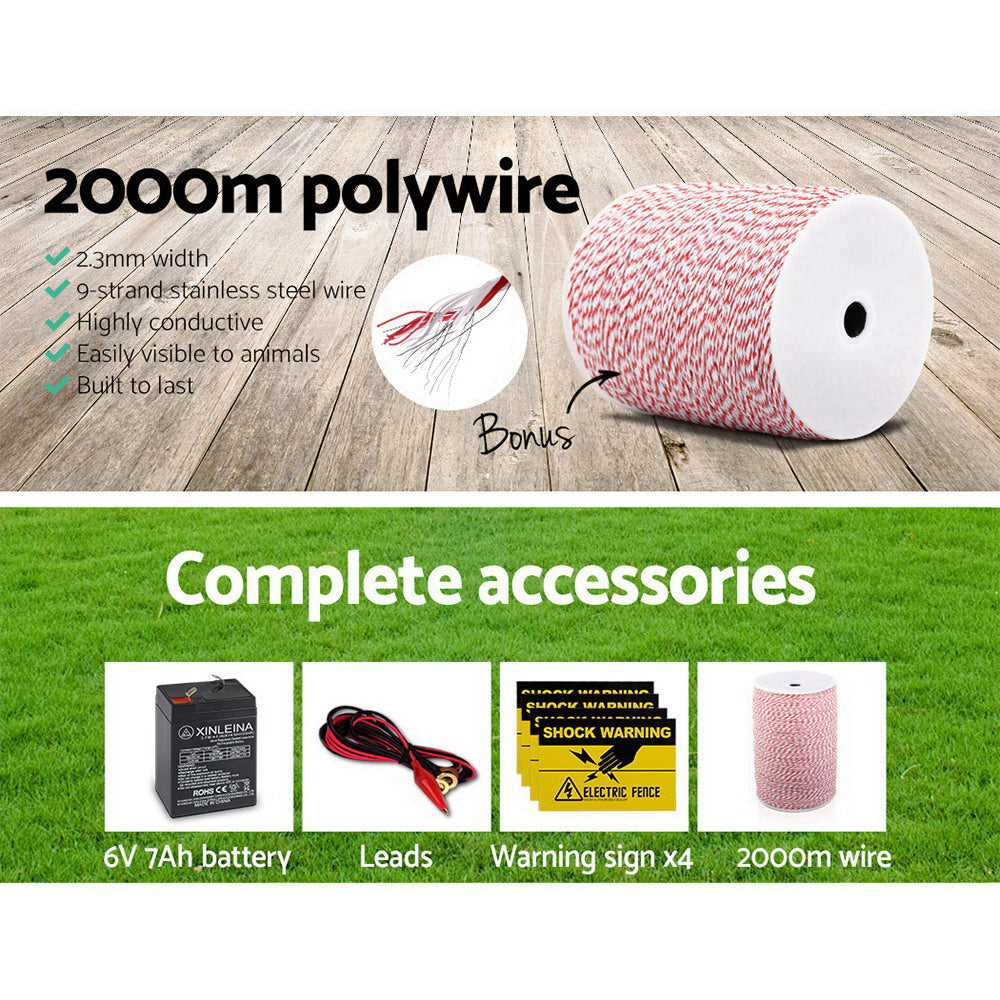 Fence Energiser 8Km Solar Powered Electric 2Km Poly Wire