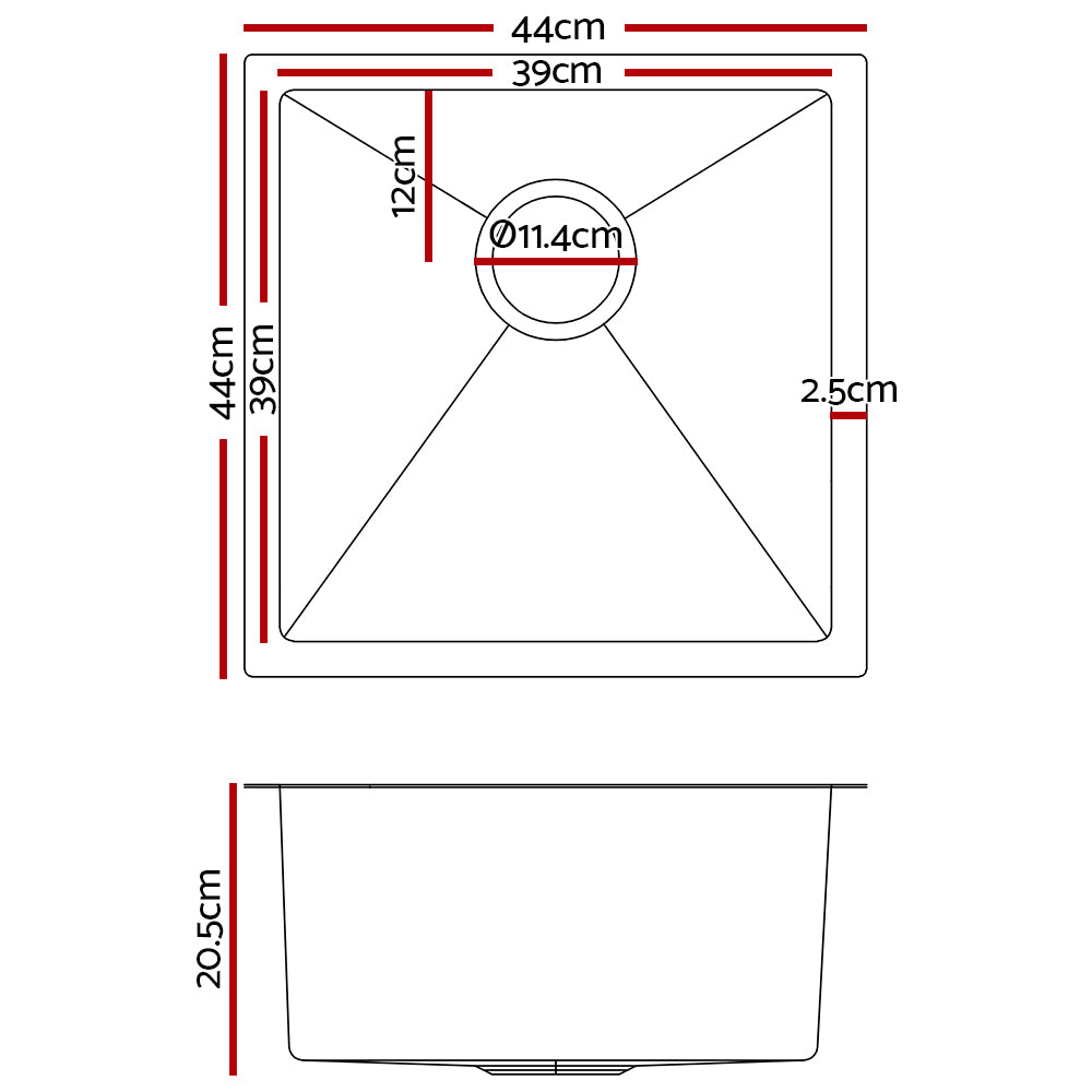 Kitchen Sink 44X44Cm Stainless Steel Basin Single Bowl Laundry Black