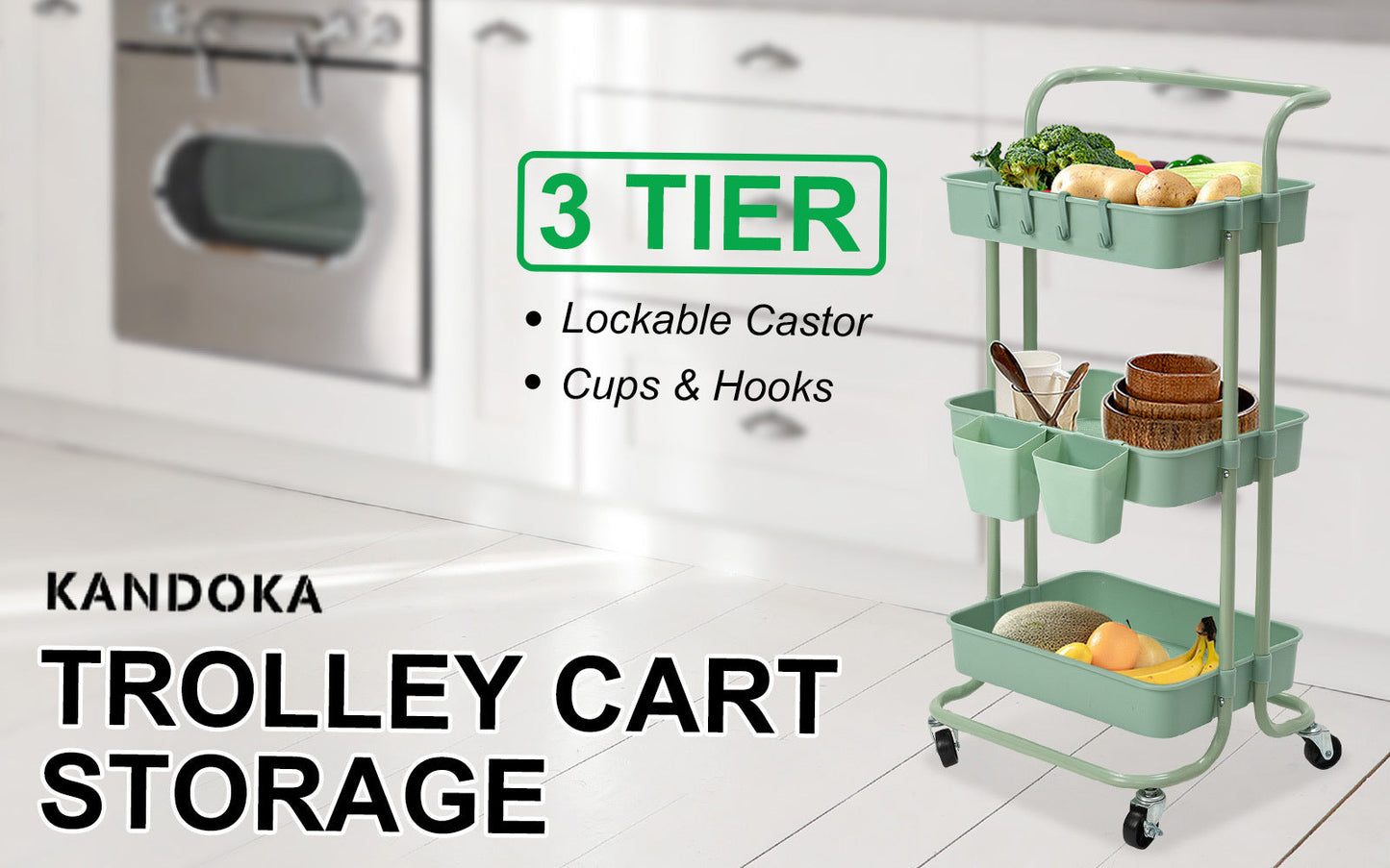 3/2 Tier Trolley Cart Storage Utility Rack Organizer Swivel Kitchen