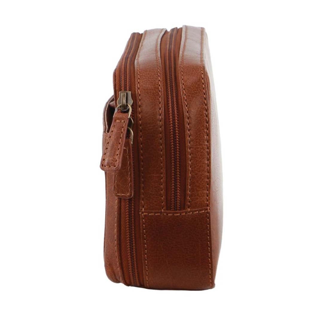 Mens Leather Toiletry Bag Travel Organizer Wash Case - Tan