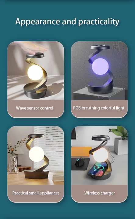 Black 360° Rotating Floating Night Light Wireless Charging Table Lamp
