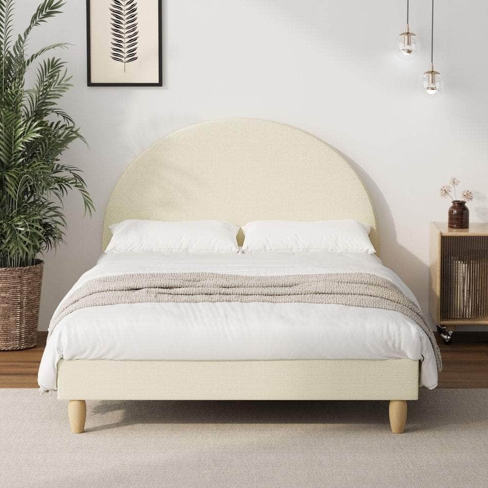 Bed Frame Double Size Arched Bedhead Beige Fabric