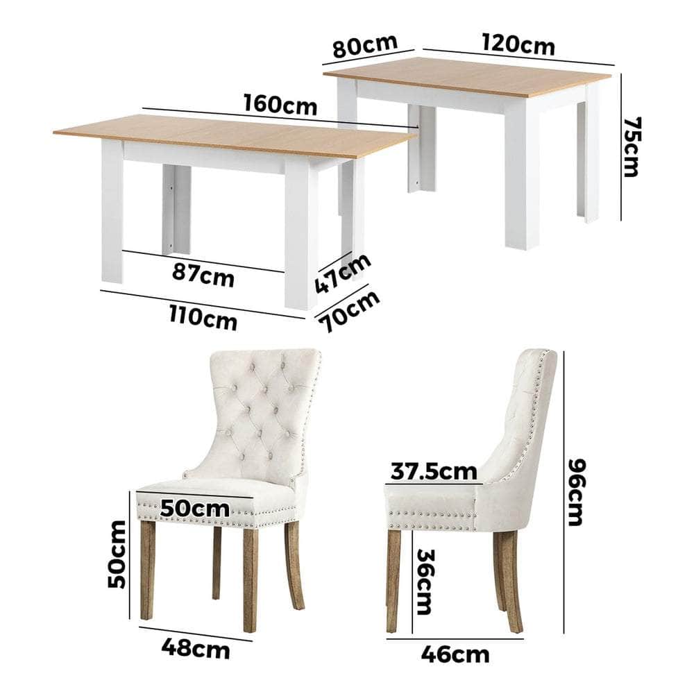 160cm Extendable Dining Table with 4PCS Chairs Velvet Beige