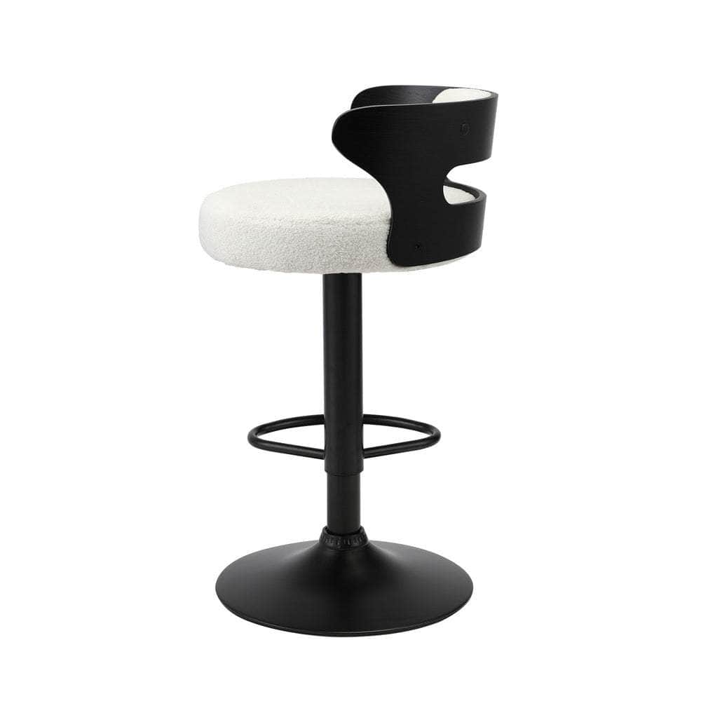 2x Bar Stools Gas Lift Swivel Chairs Wooden Boucle White