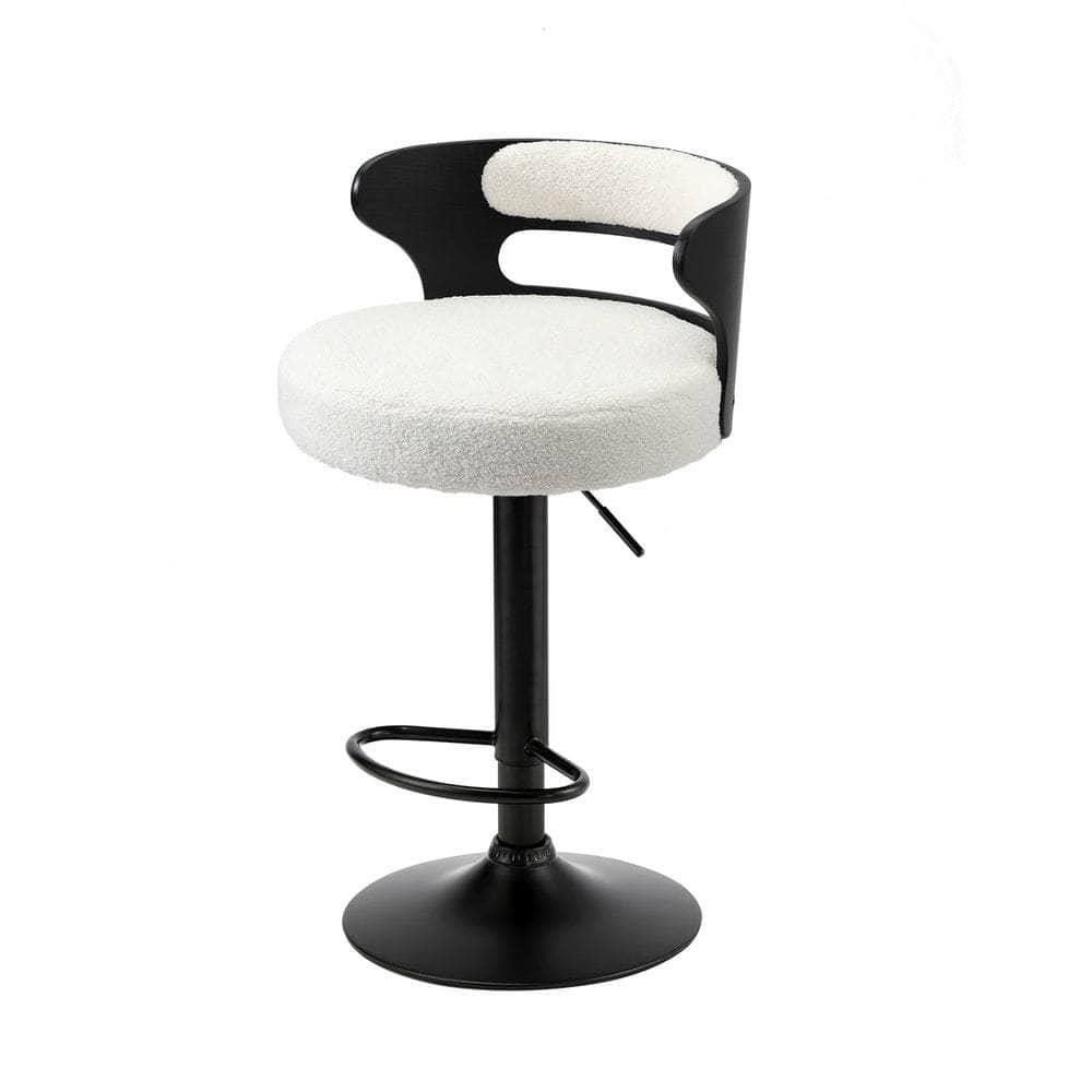 2x Bar Stools Gas Lift Swivel Chairs Wooden Boucle White