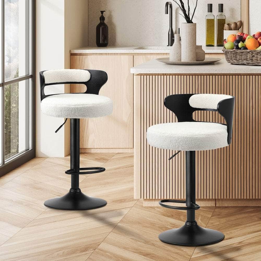 2x Bar Stools Gas Lift Swivel Chairs Wooden Boucle White