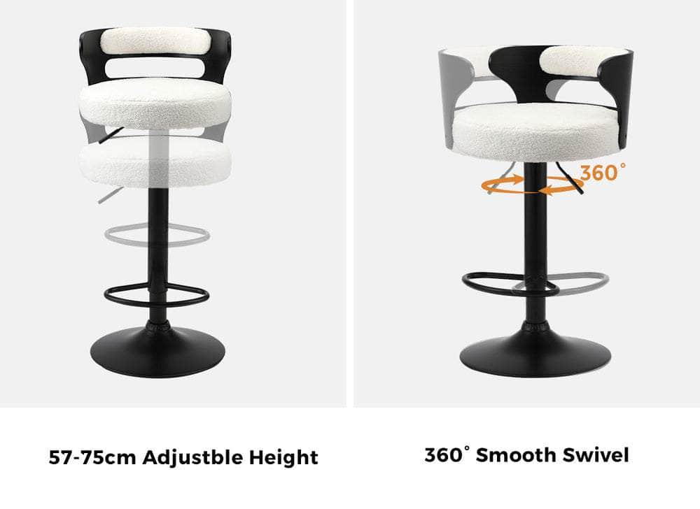 2x Bar Stools Gas Lift Swivel Chairs Wooden Boucle White